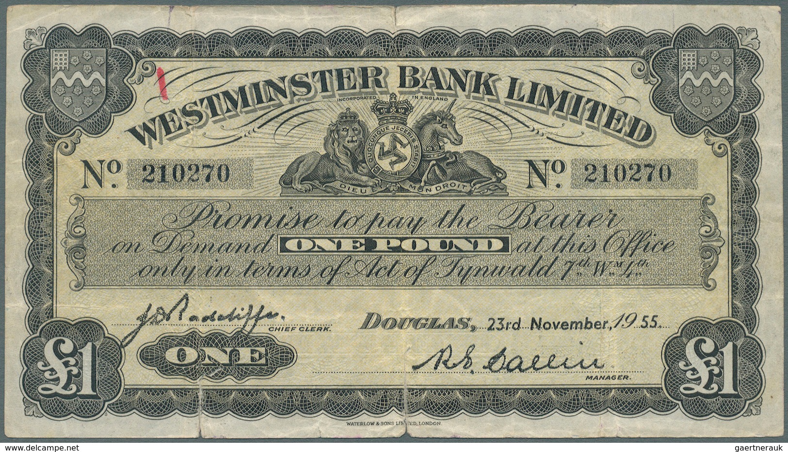 01827 Isle Of Man: 1 Pound 1955 P. 23Aa, Stronger Center Fold Which Caused A 8mm Tear At Lower Border, Ink - Otros & Sin Clasificación