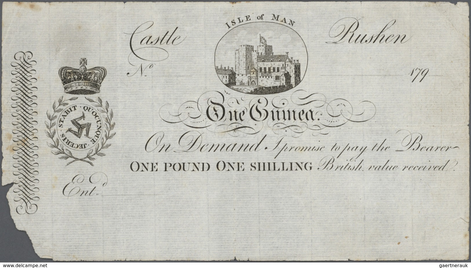 01835 Isle Of Man: Seldom Seen Note Of 1 Guinea 179x P. S111 Remainder, Unsigned, Folds In Paper, Missing - Autres & Non Classés