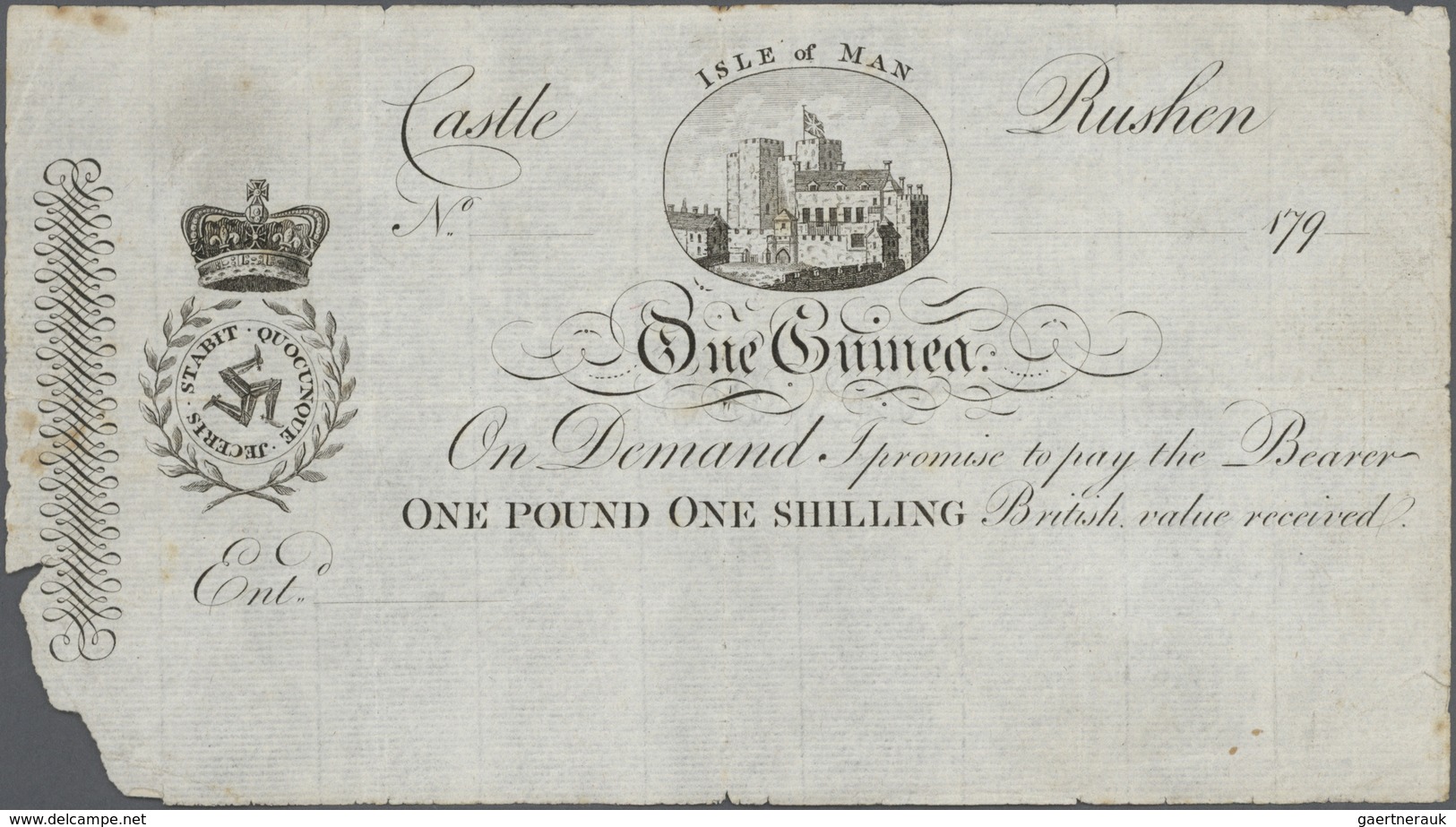 01835 Isle Of Man: Seldom Seen Note Of 1 Guinea 179x P. S111 Remainder, Unsigned, Folds In Paper, Missing - Otros & Sin Clasificación