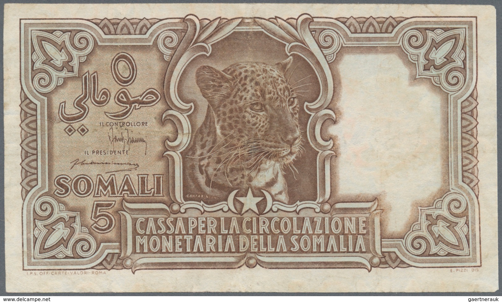 01840 Italian Somaliland: 5 Somali 1951, P.16, Several Folds And Spots, Obviously Washed. Condition: F+ - Somalië