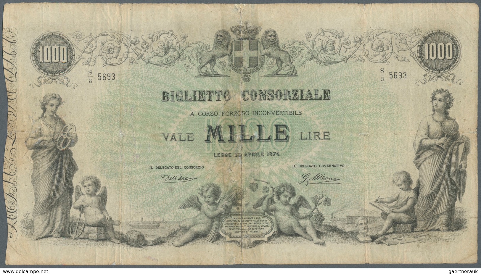 01841 Italy / Italien: 1000 Lire 1874 P. 9, Highly Rare Note, Small Pinholes Restored, No Large Restoratio - Other & Unclassified