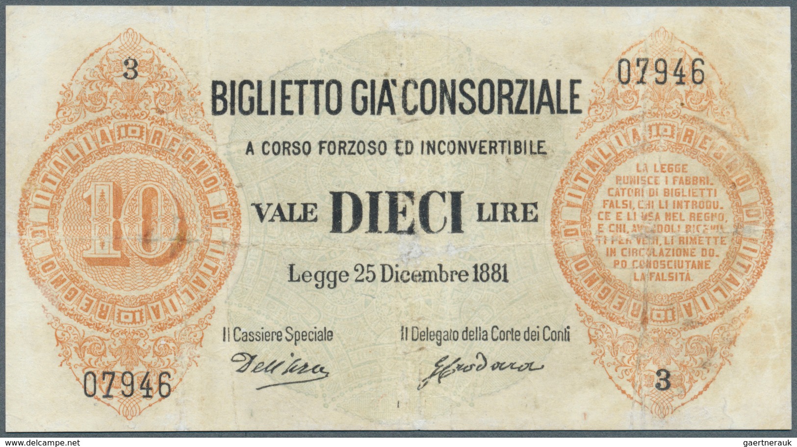 01842 Italy / Italien: 10 Lire 1881 P. 13, Rare Note, Restored At All 4 Borders And At Center, Pressed, St - Otros & Sin Clasificación