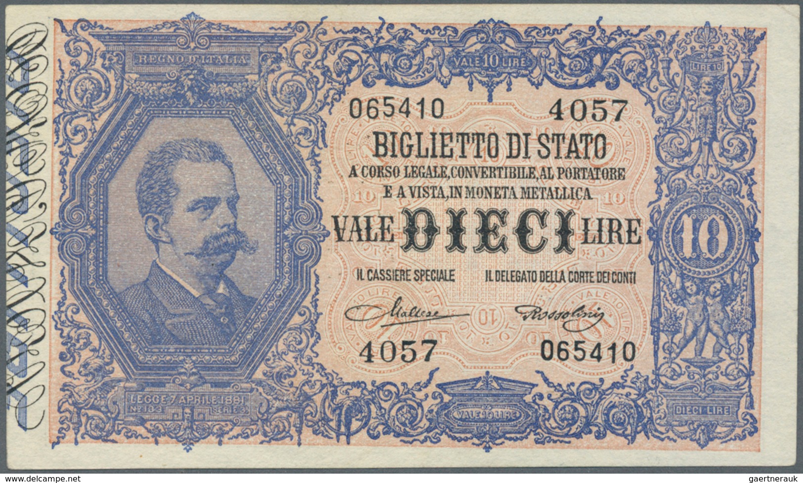 01845 Italy / Italien: 10 Lire L.1888 P. 20h, Verly Light Horizontal Fold, And A Tiny Corner Fold At Upper - Otros & Sin Clasificación