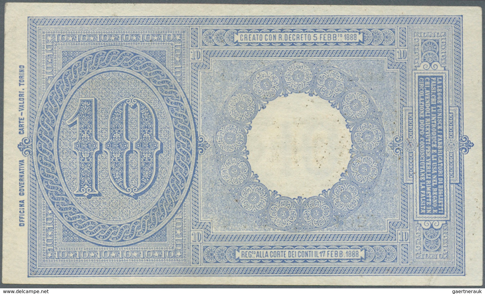 01845 Italy / Italien: 10 Lire L.1888 P. 20h, Verly Light Horizontal Fold, And A Tiny Corner Fold At Upper - Otros & Sin Clasificación