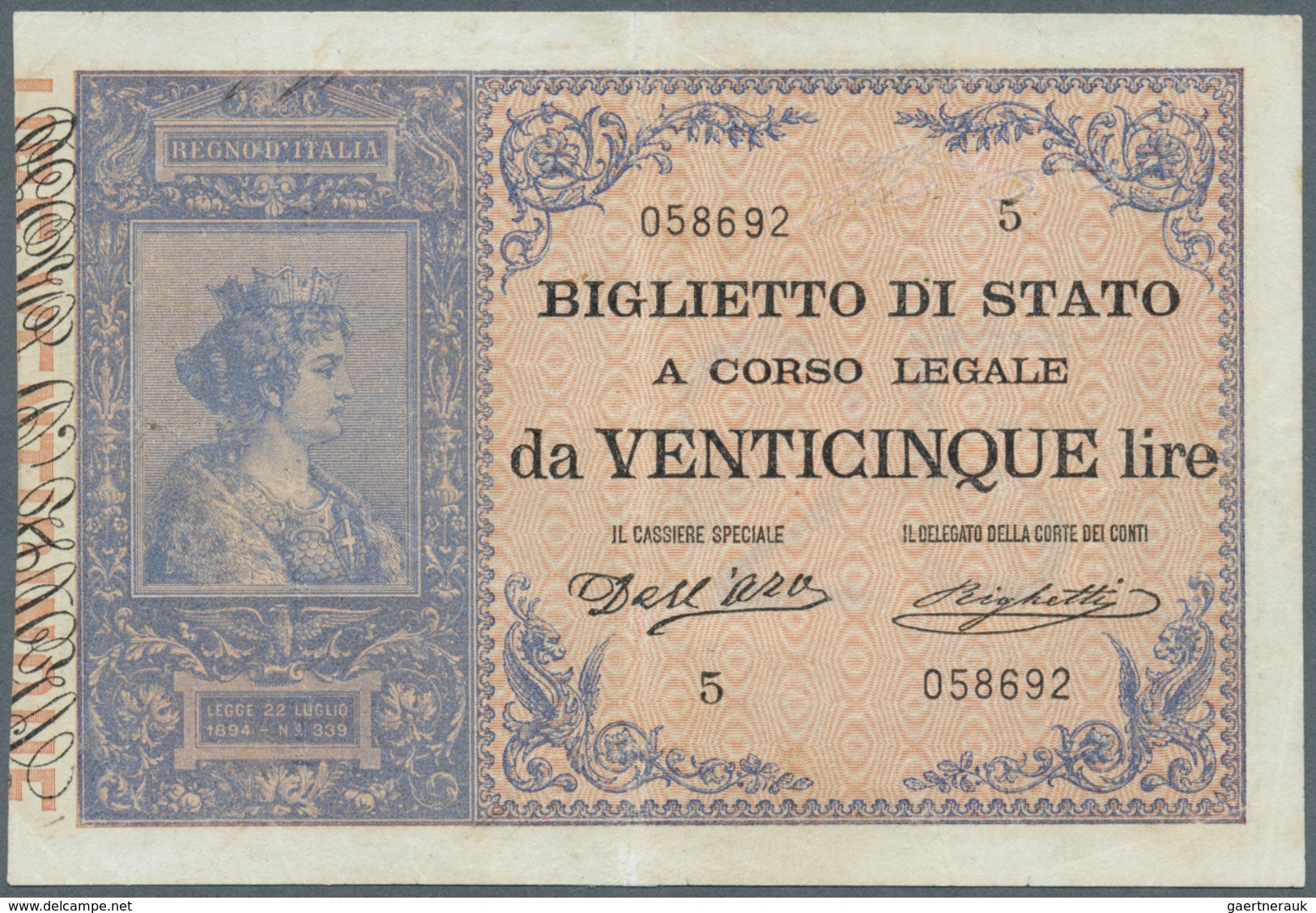 01846 Italy / Italien: 25 Lire 1895 P. 21, Very Rare Note, Light Center Fold With Professionally Restored - Otros & Sin Clasificación