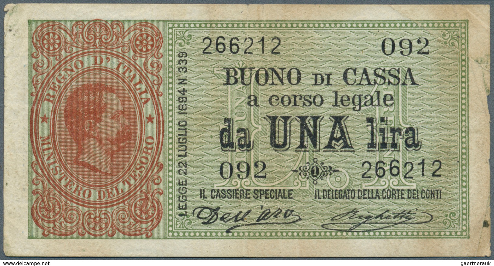 01847 Italy / Italien: 1 Lira 1894 P. 34, Used With Folds And Light Stained Paper, No Holes Or Tears, Cond - Other & Unclassified