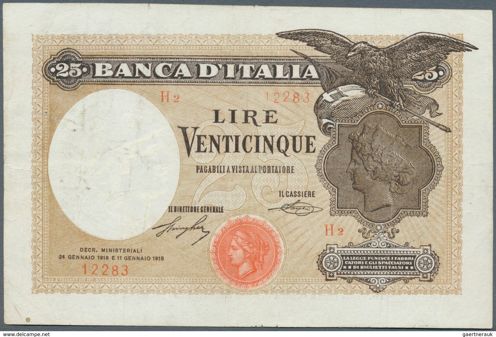 01850 Italy / Italien: 25 Lire 1918/1919 P. 42a, More Rare Earlier Type, Several Folds And Creases In Pape - Otros & Sin Clasificación