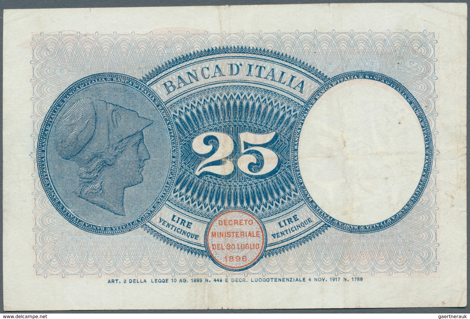 01850 Italy / Italien: 25 Lire 1918/1919 P. 42a, More Rare Earlier Type, Several Folds And Creases In Pape - Otros & Sin Clasificación