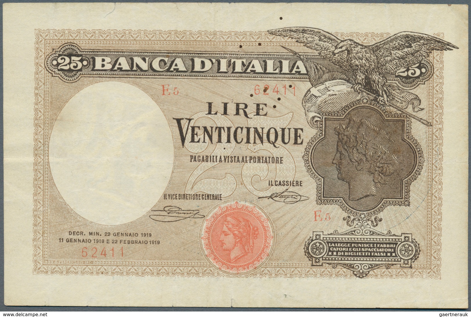 01851 Italy / Italien: 25 Lire 1918/1919 P. 42b, Seldom Seen Issue, This One Is Vertically And Horizontall - Otros & Sin Clasificación