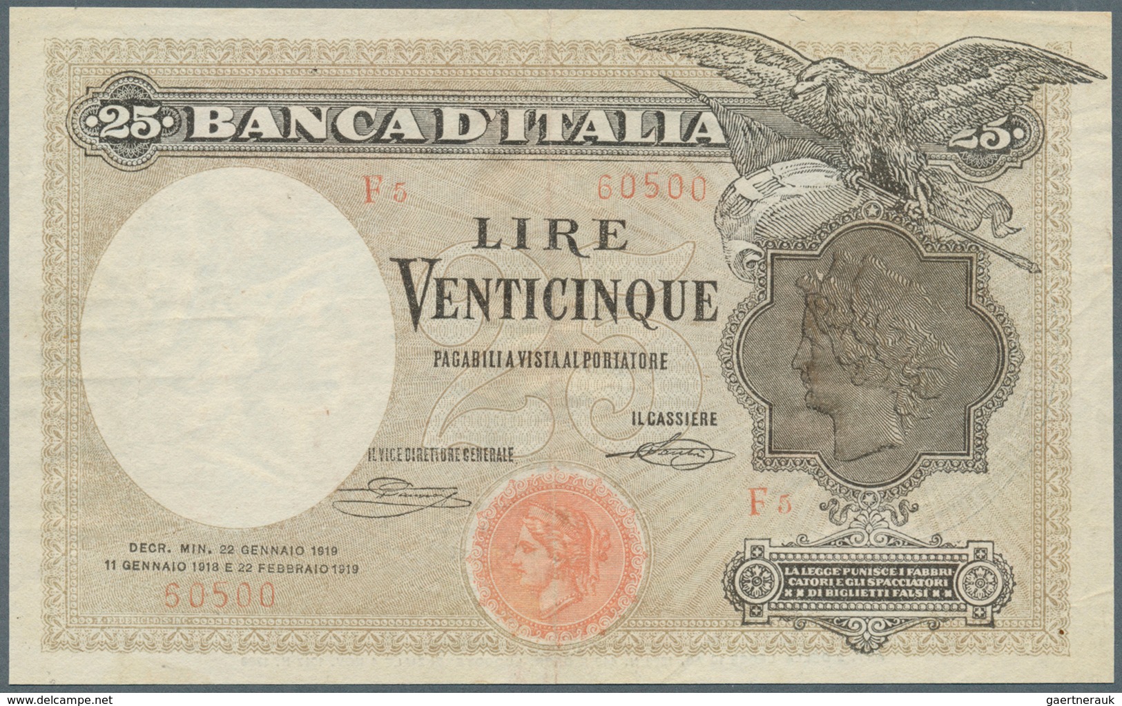 01852 Italy / Italien: 25 Lire 1919 P. 42b, Used With Several Folds, No Holes, One 4mm Border Tear, Still - Other & Unclassified