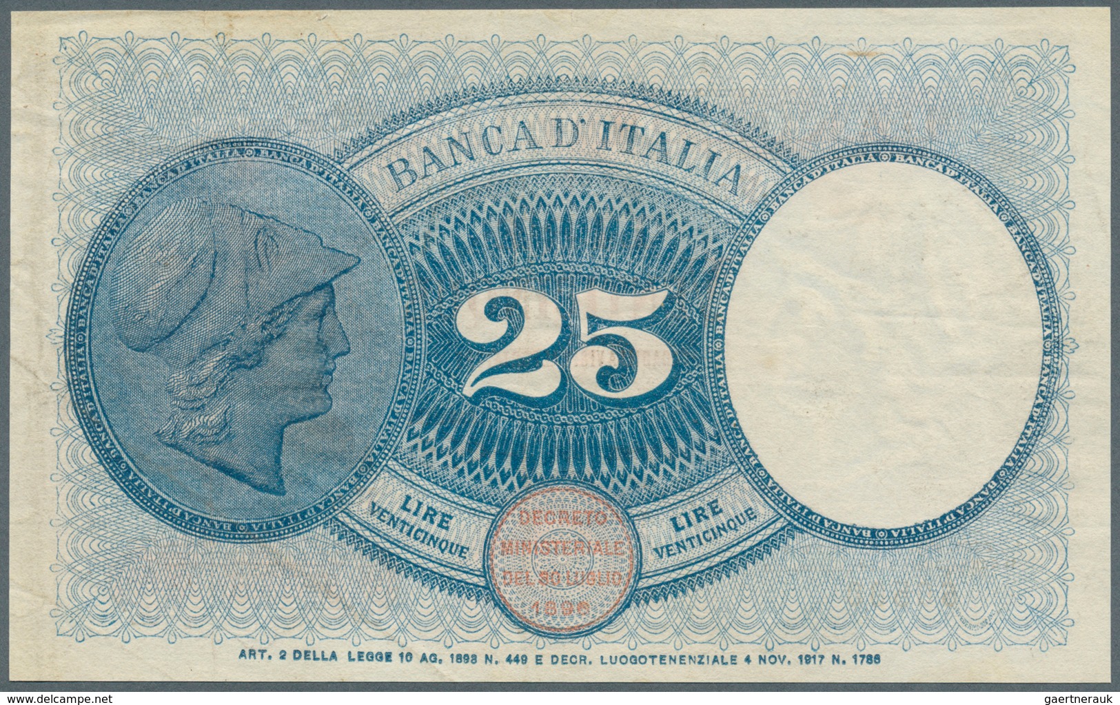 01852 Italy / Italien: 25 Lire 1919 P. 42b, Used With Several Folds, No Holes, One 4mm Border Tear, Still - Otros & Sin Clasificación