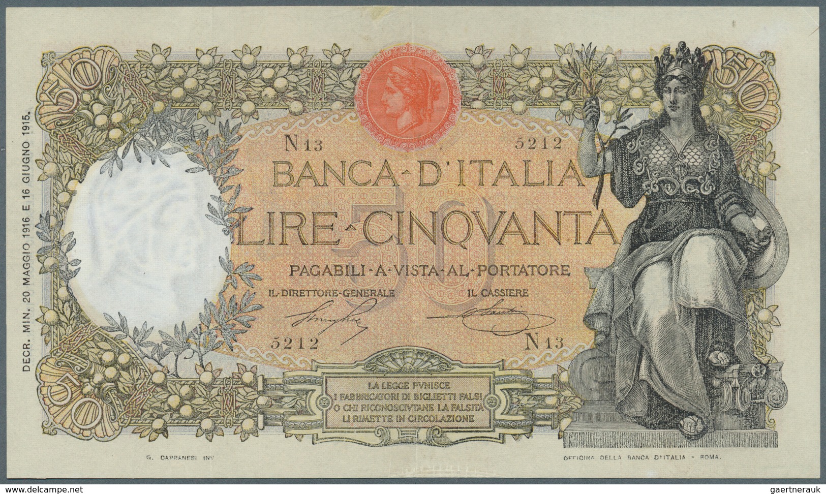 01853 Italy / Italien: 50 Lire 1916 P. 43a, Rare Note, Only One Minor Repair At Upper Border, Otherwise Ve - Otros & Sin Clasificación