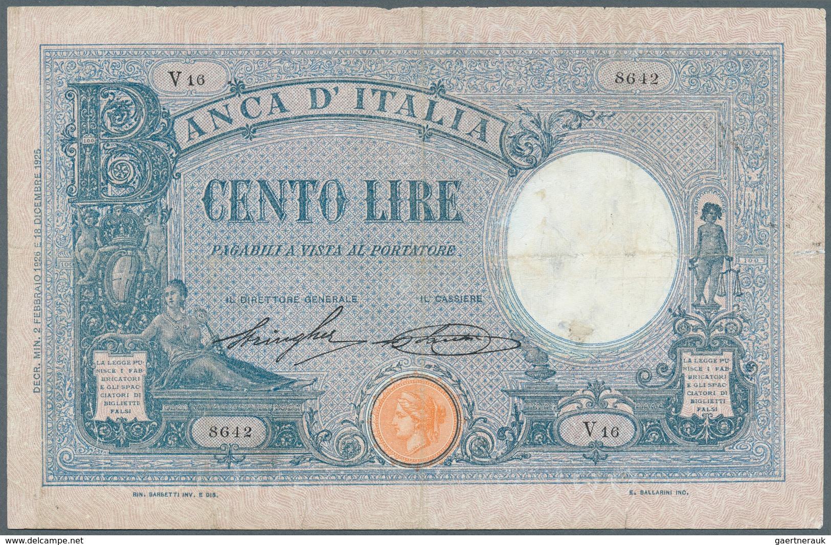 01854 Italy / Italien: 100 Lire 1926 P. 49, Used With Several Folds, 1 Restored Pinhole At Lower Right, Pr - Andere & Zonder Classificatie