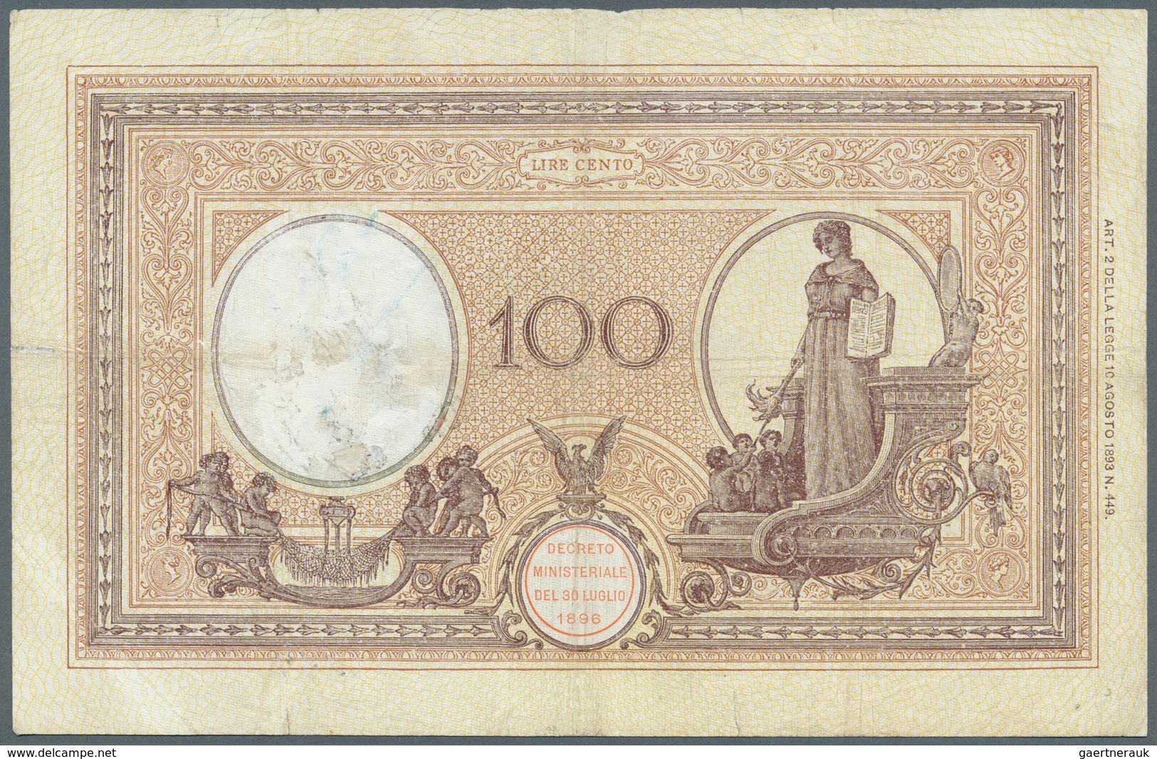 01854 Italy / Italien: 100 Lire 1926 P. 49, Used With Several Folds, 1 Restored Pinhole At Lower Right, Pr - Autres & Non Classés