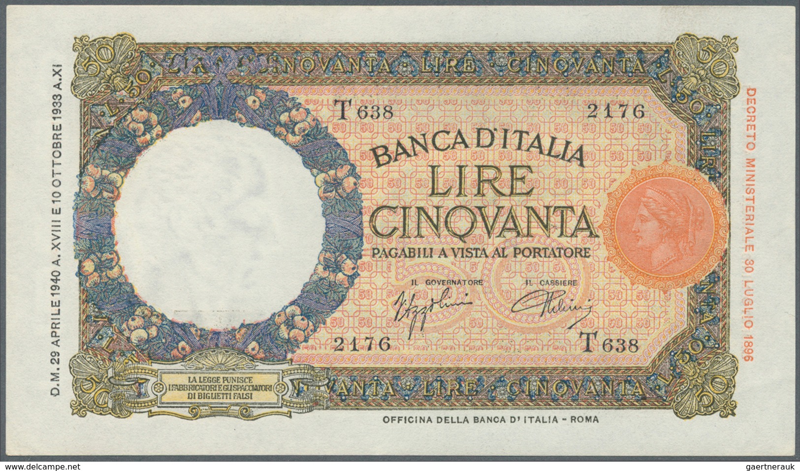 01855 Italy / Italien: Set Of 2 Nearly Consecutive Notes 50 Lire 1940 P. 54b, Numbers #2178 And #2176 Very - Andere & Zonder Classificatie