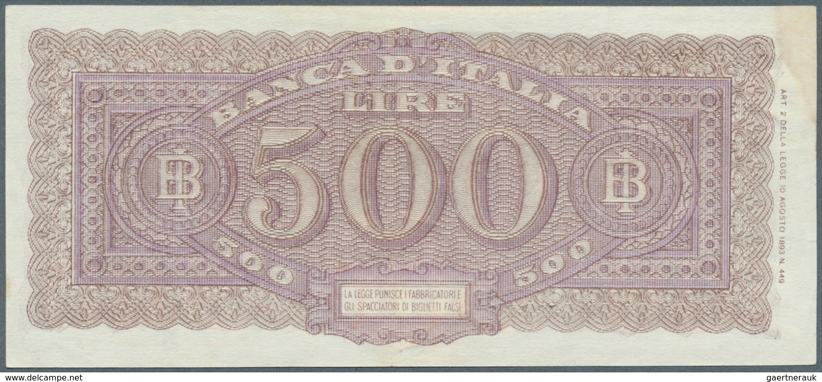 01858 Italy / Italien: 500 Lire 1944 P. 76, Highly Rare Note, Center Fold And Two Further But Lighter Vert - Other & Unclassified