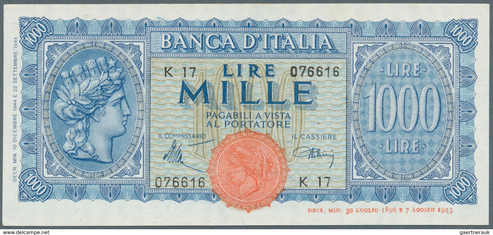 01859 Italy / Italien: 1000 Lire 1944 P. 77, Highly Rare Note, With Only A Very Very Light Center Dint, No - Other & Unclassified