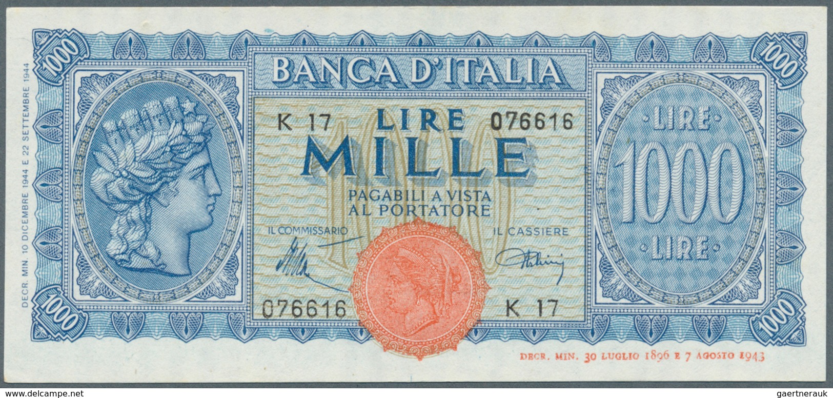 01859 Italy / Italien: 1000 Lire 1944 P. 77, Highly Rare Note, With Only A Very Very Light Center Dint, No - Otros & Sin Clasificación