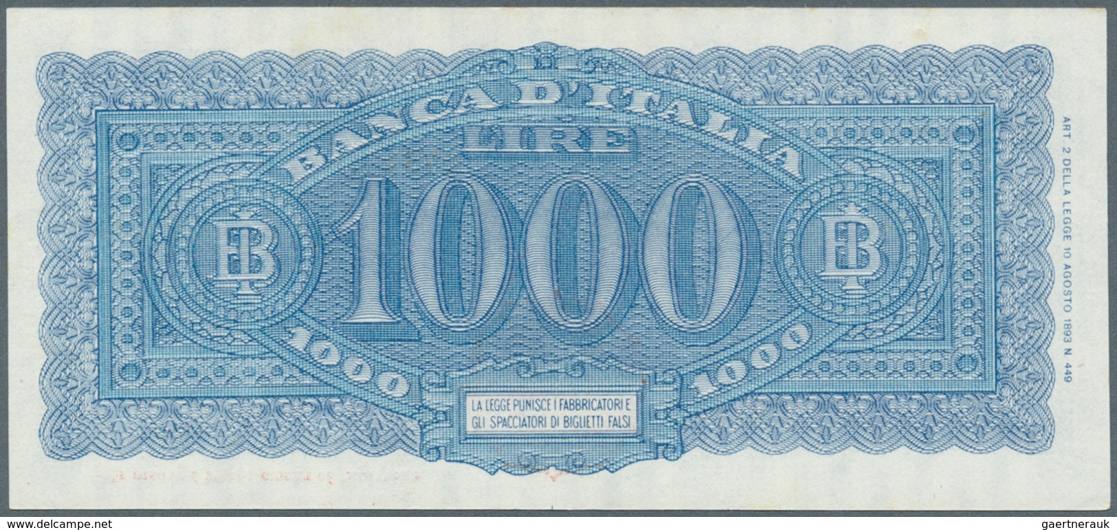 01859 Italy / Italien: 1000 Lire 1944 P. 77, Highly Rare Note, With Only A Very Very Light Center Dint, No - Altri & Non Classificati