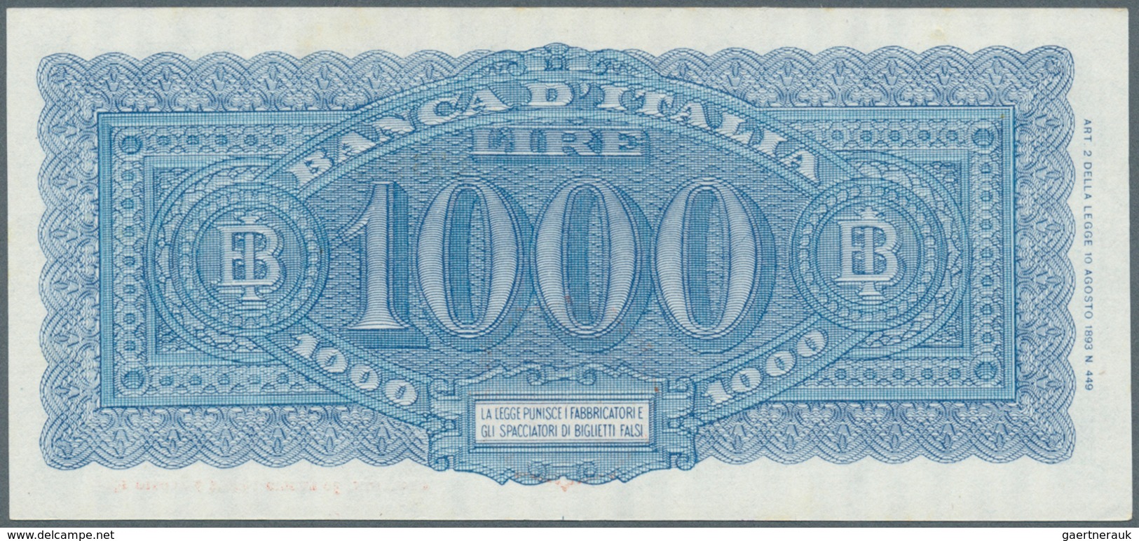 01859 Italy / Italien: 1000 Lire 1944 P. 77, Highly Rare Note, With Only A Very Very Light Center Dint, No - Otros & Sin Clasificación