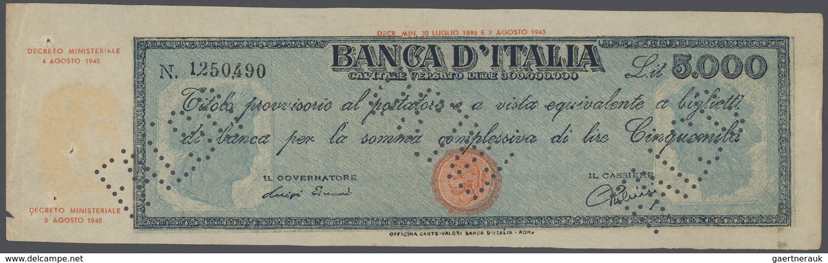 01860 Italy / Italien: 5000 Lire 1945 P. 78a, Contemporary Forgery, 3 Times Perforated "Falso", Pinholes A - Otros & Sin Clasificación