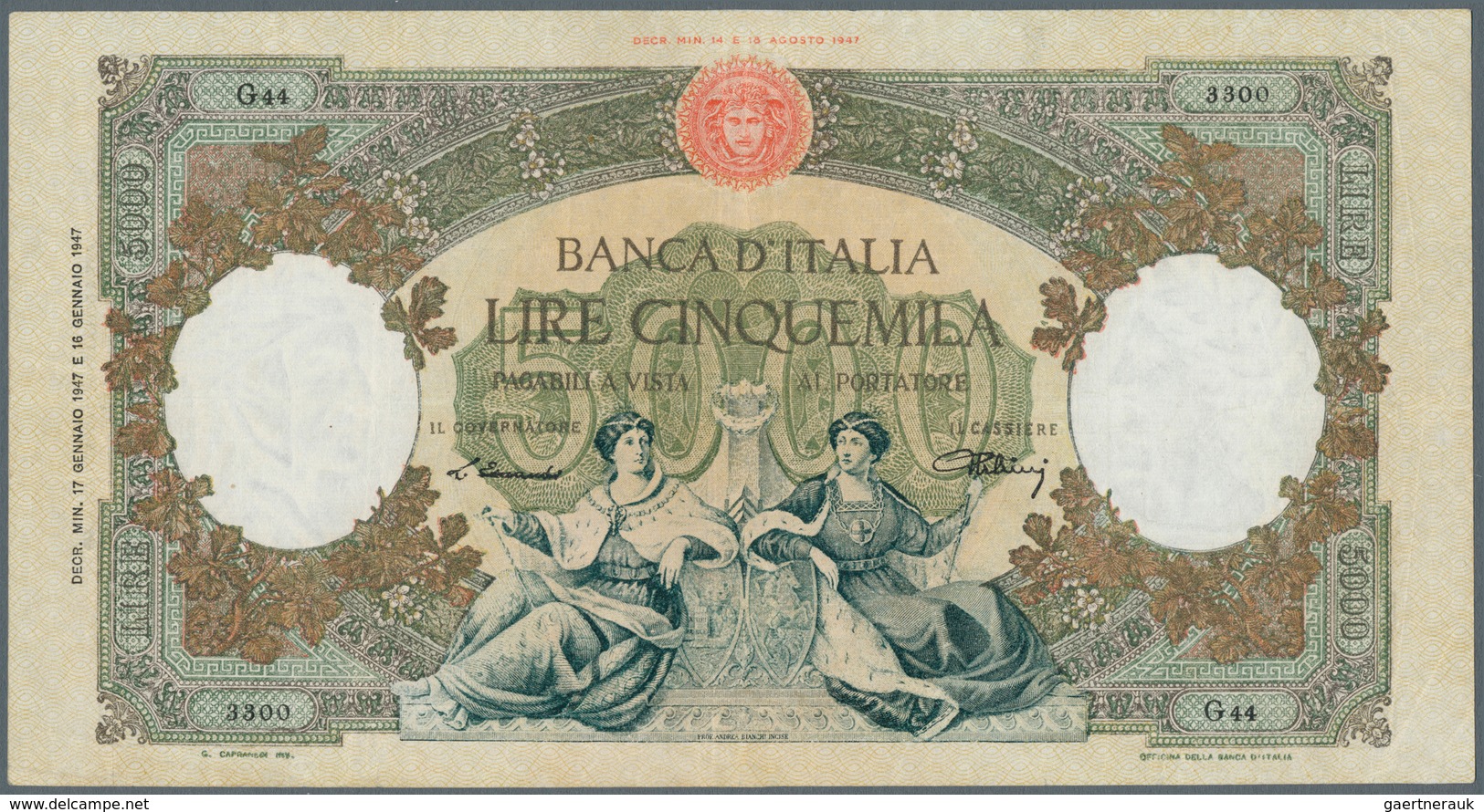 01861 Italy / Italien: 5000 Lire 1947 P. 85a, Light Folds In Paper, Washed And Pressed But Still Strong Pa - Altri & Non Classificati