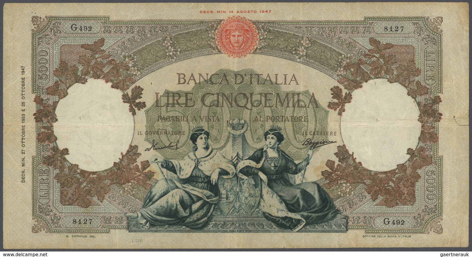 01863 Italy / Italien: 5000 Lire 1953 P. 85c, Used With Several Folds In Paper, Center Hole, 1cm Border Te - Other & Unclassified