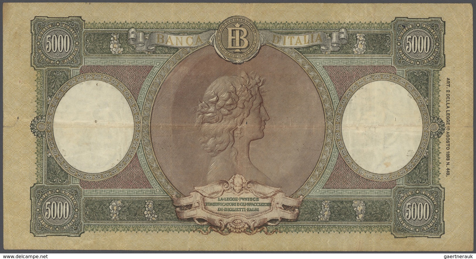 01863 Italy / Italien: 5000 Lire 1953 P. 85c, Used With Several Folds In Paper, Center Hole, 1cm Border Te - Otros & Sin Clasificación