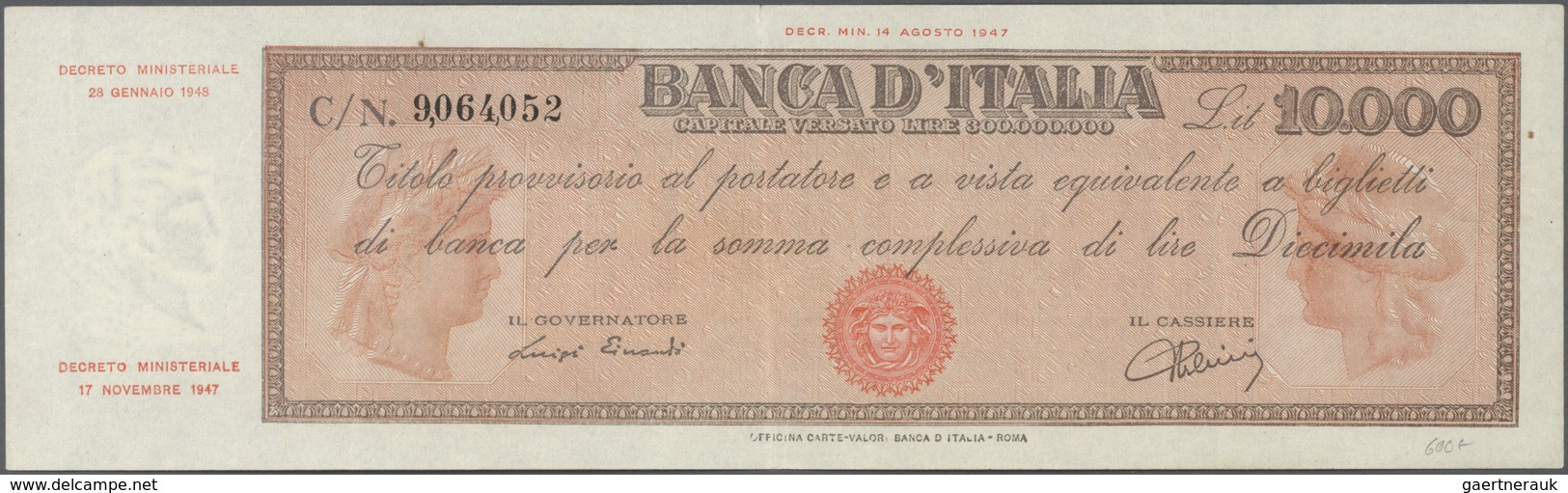 01866 Italy / Italien: 10.000 Lire 1948 P. 87a, Bi821, Probably Pressed, But Still Strong Paper And Nice C - Autres & Non Classés