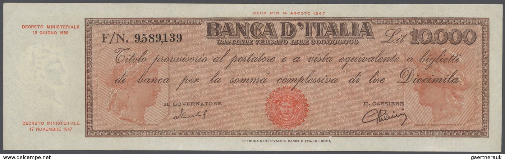 01867 Italy / Italien: 10.000 Lire 1950 P. 87b, Only Light Folds Visible, Pressed, A Minor Repaired Tear A - Otros & Sin Clasificación