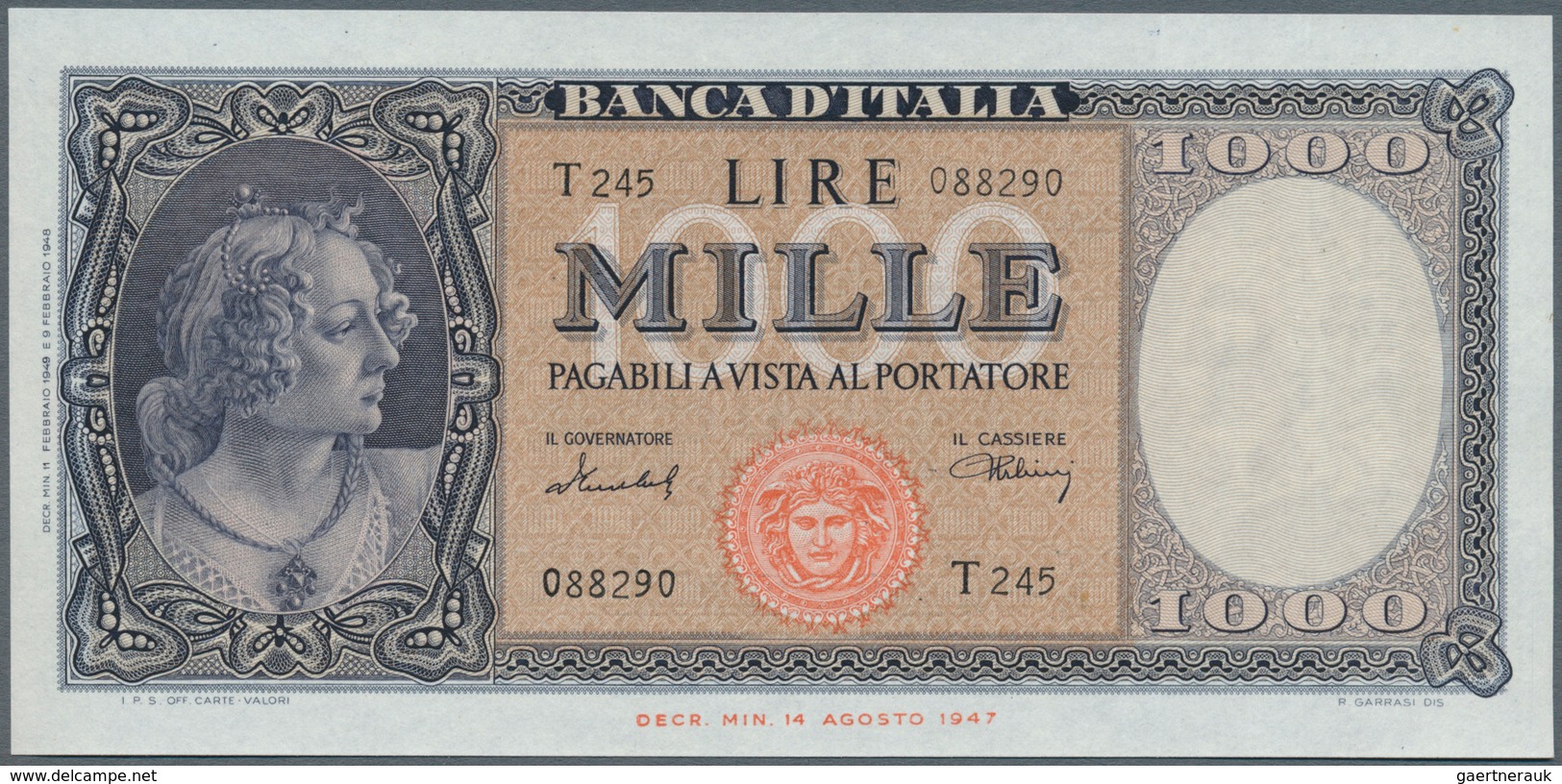 01868 Italy / Italien: Set Of 2 CONSECUTIVE Notes 1000 Lire 1949 P. 88b, Numbers 088289, 088290 With Only - Otros & Sin Clasificación