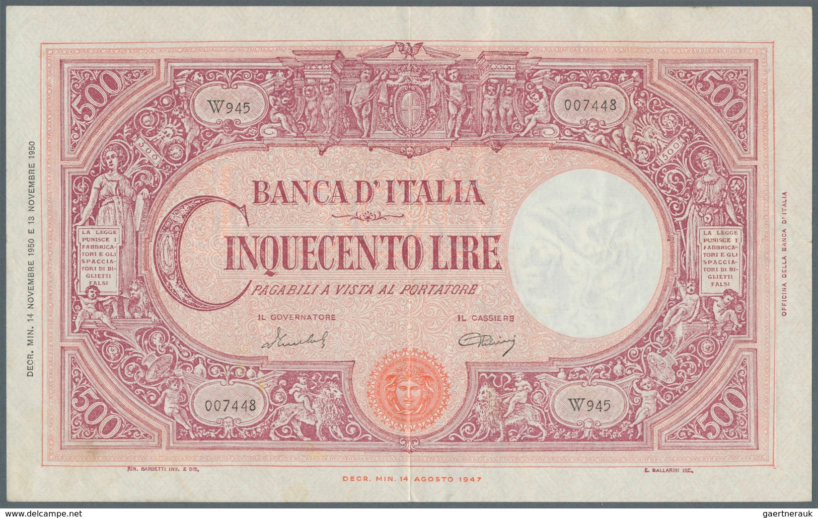 01871 Italy / Italien: 500 Lire 1950 P. 90, Rare And Searched-for Issue, Center Fold, Lighter Horizontal F - Other & Unclassified