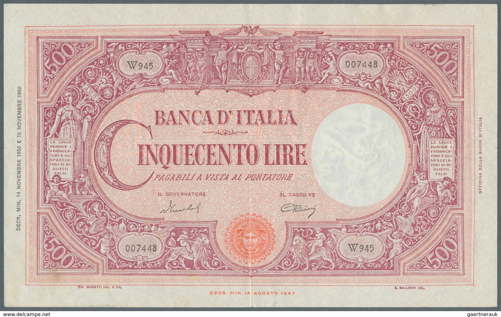 01871 Italy / Italien: 500 Lire 1950 P. 90, Rare And Searched-for Issue, Center Fold, Lighter Horizontal F - Otros & Sin Clasificación