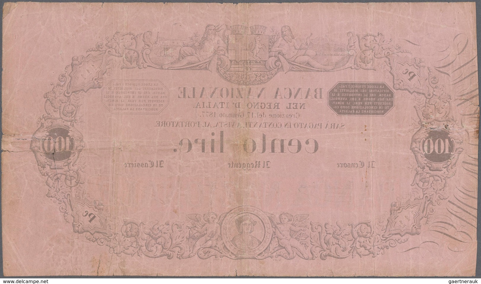 01875 Italy / Italien: 100 Lire 1877 P. S742, Used With Folds, Center Hole, One Repaired 2cm Tear At Right - Altri & Non Classificati