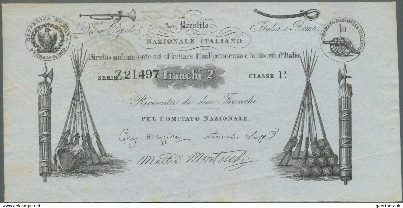 01877 Italy / Italien: 2 Franchi 1849 Prestitio Natzionale Italiano, Rare Note, Stamped On Back, Light Fol - Other & Unclassified