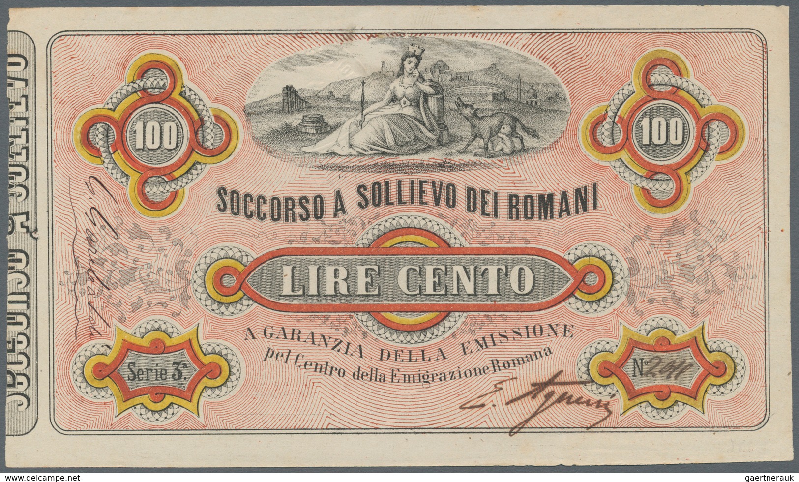 01880 Italy / Italien: Soccorso A Sollievo Dei Romani 100 Lire ND(1867) P. NL, Crisp Original Without Dama - Altri & Non Classificati