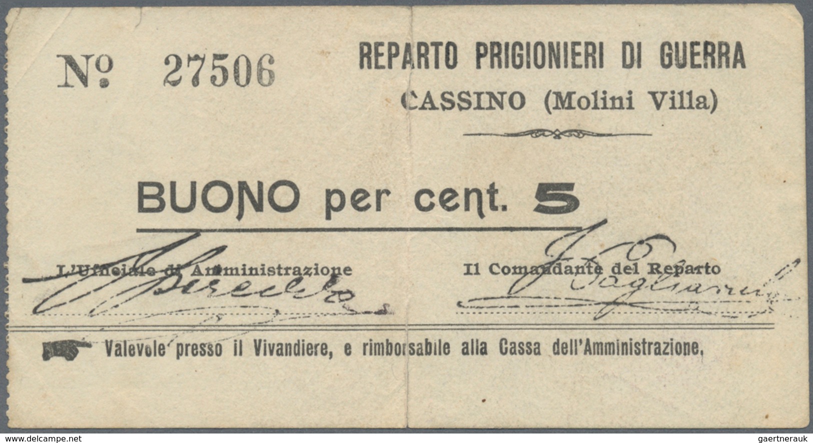 01883 Italy / Italien: POW Camp MOLINI VILLA Bon Of 5 Cent. ND, P.NL, Vertically Folded With Two Larger Te - Other & Unclassified