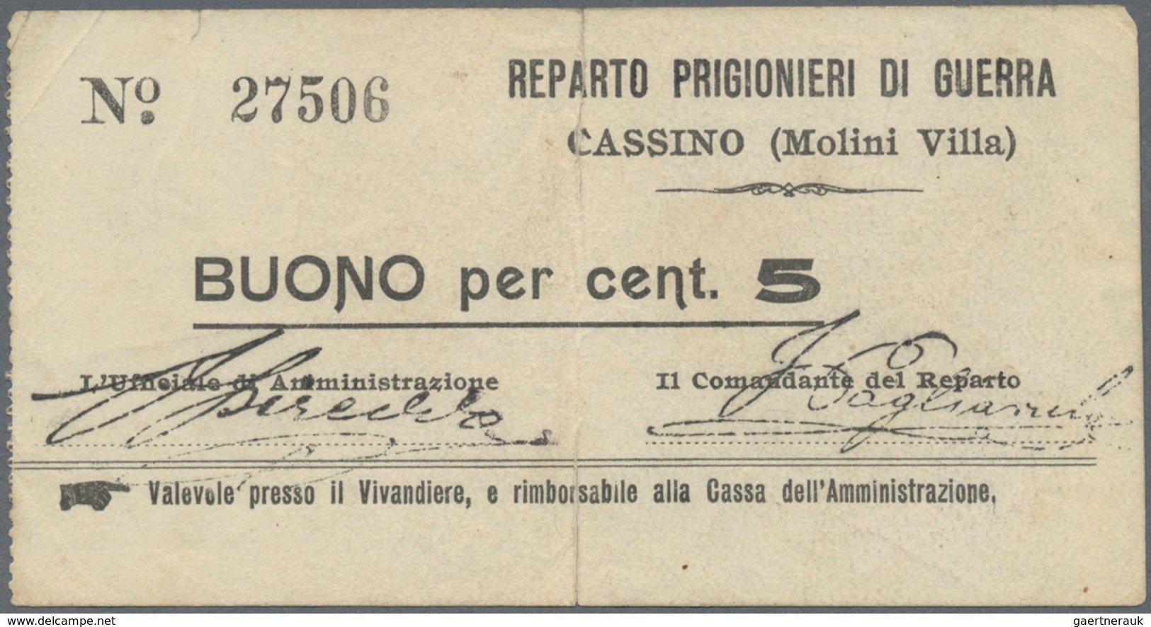 01883 Italy / Italien: POW Camp MOLINI VILLA Bon Of 5 Cent. ND, P.NL, Vertically Folded With Two Larger Te - Otros & Sin Clasificación