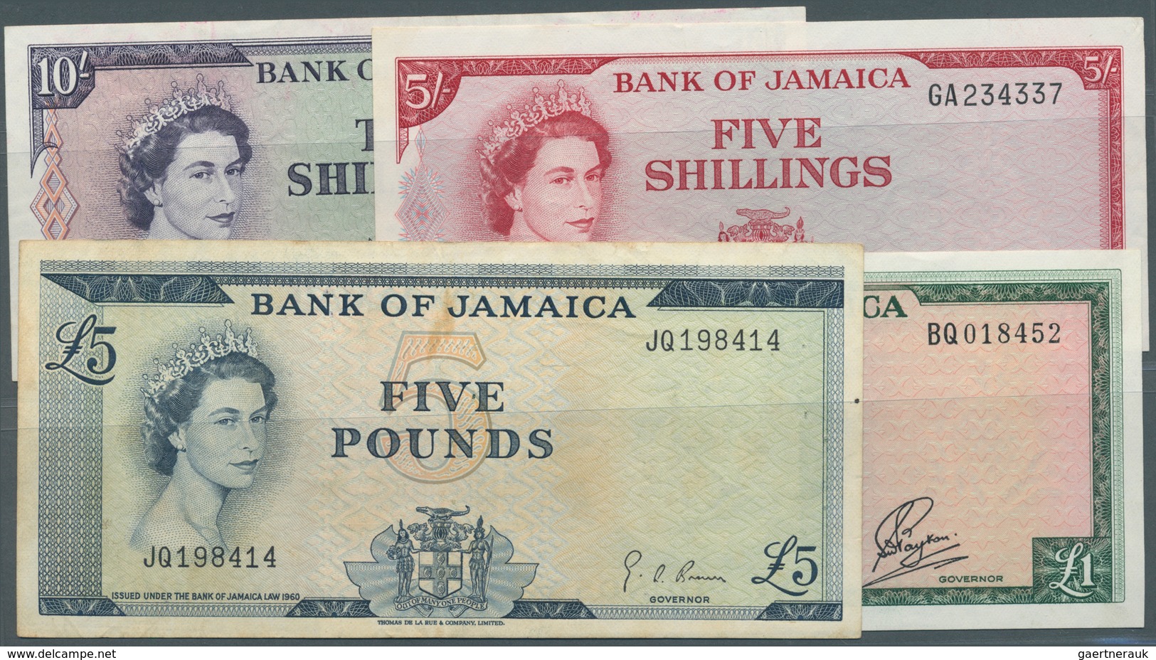 01885 Jamaica: Set With 4 Banknotes Of The 1961 Series Containing 5 And 10 Shillings, 1 And 5 Pounds ND(19 - Giamaica