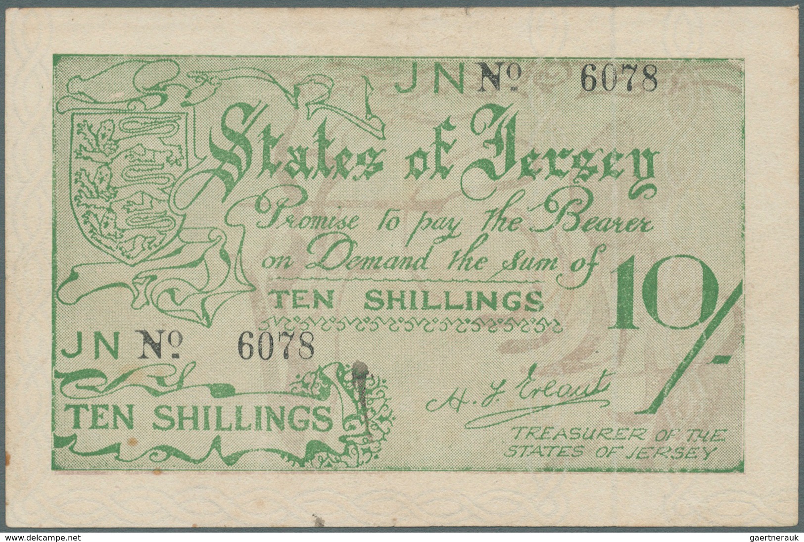 01897 Jersey: 10 Shillings ND(1941-42) P. 5a, Light Center Fold, Some Stain Dots At Lower Left, Condition: - Otros & Sin Clasificación