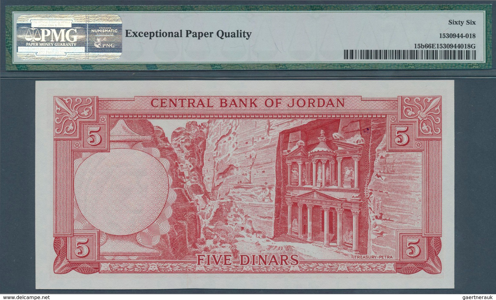 01906 Jordan / Jordanien: 5 Dinars ND(1959) P. 15b, Condition: PMG Graded 66 Gem UNC EPQ. - Jordania