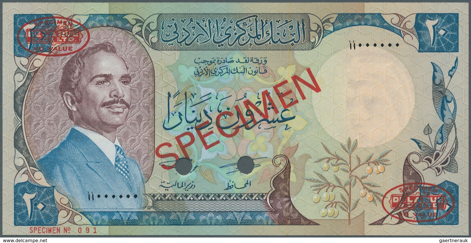 01907 Jordan / Jordanien: 20 Dinars 1977 (1991) Specimen P. 22s. This Highly Rare Specimen Banknote Has Ov - Jordan