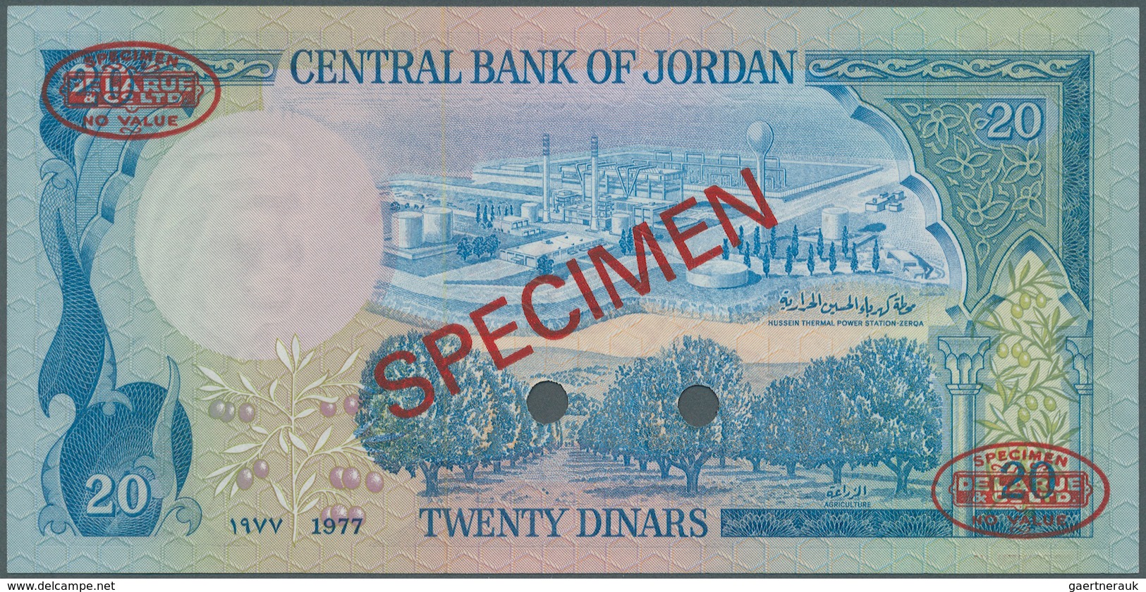 01907 Jordan / Jordanien: 20 Dinars 1977 (1991) Specimen P. 22s. This Highly Rare Specimen Banknote Has Ov - Jordania