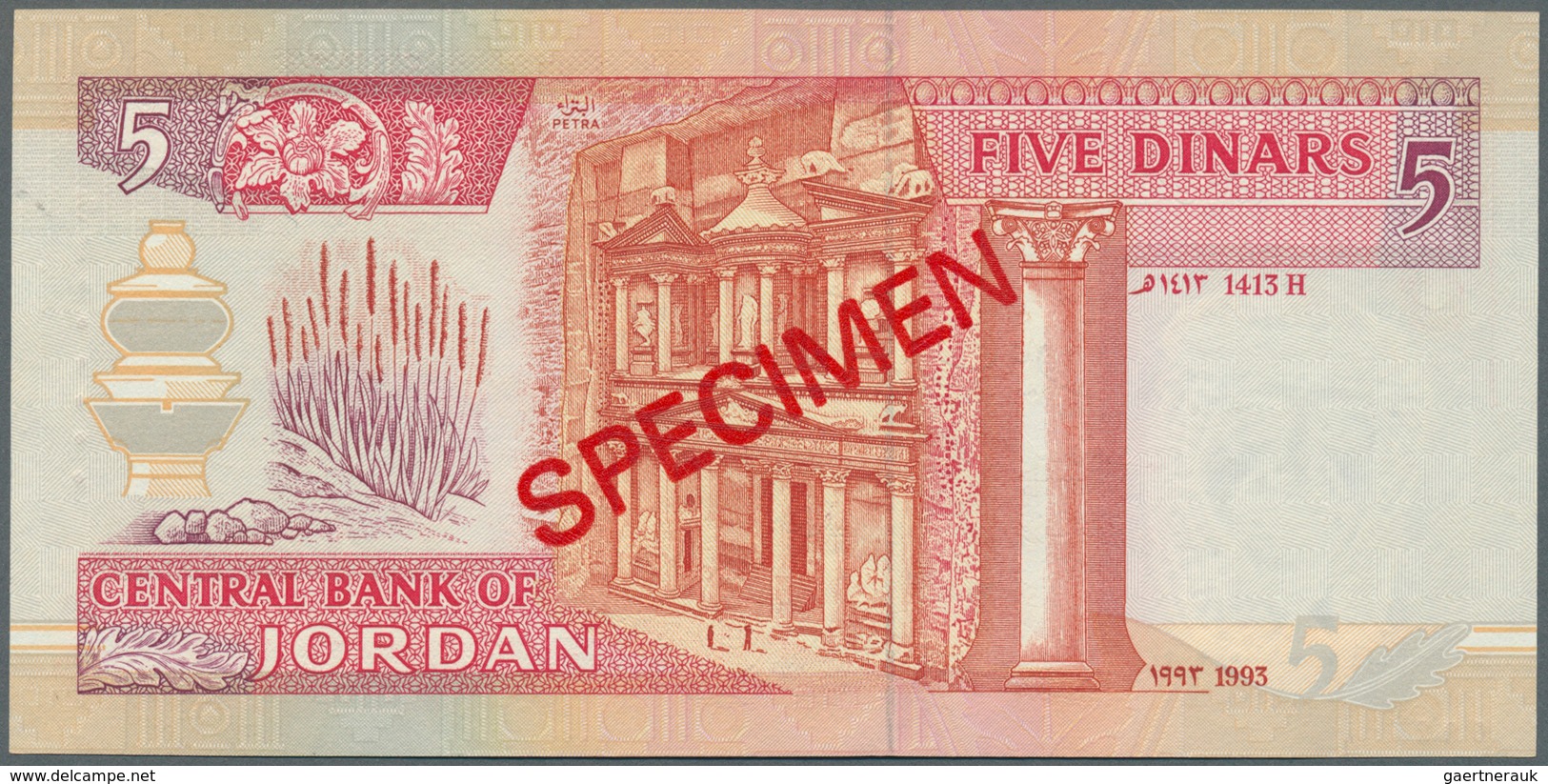 01908 Jordan / Jordanien: 5 Dinars ND Specimen P. 25s With One Light Dint In Paper, Condition: AUNC. - Jordan