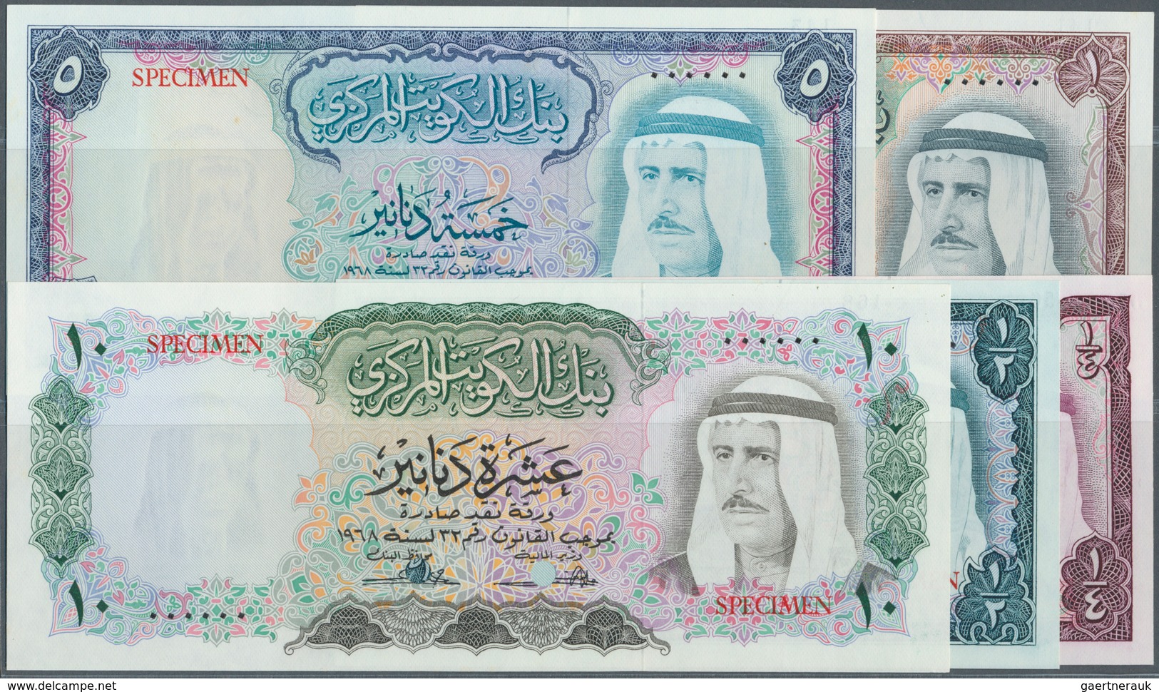 01919 Kuwait: Set Of 5 SPECIMEN Banknotes Containing 1/4, 1/2, 1, 5 And 10 Dinars L.1968 P. 6s-10s, Rare S - Kuwait