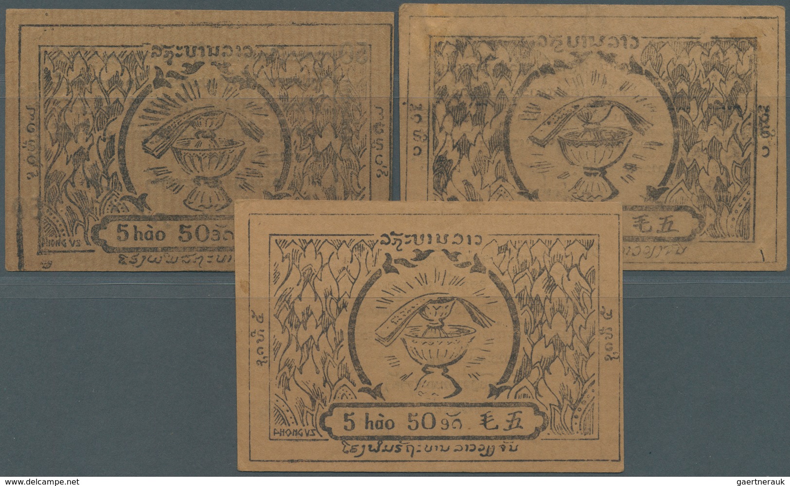 01922 Laos: Set Of 3 Pcs 50 At 5 Hao ND(1945-46) P. A3a,b,c, Two Of Them In Condition UNC, One Of Them Wit - Laos