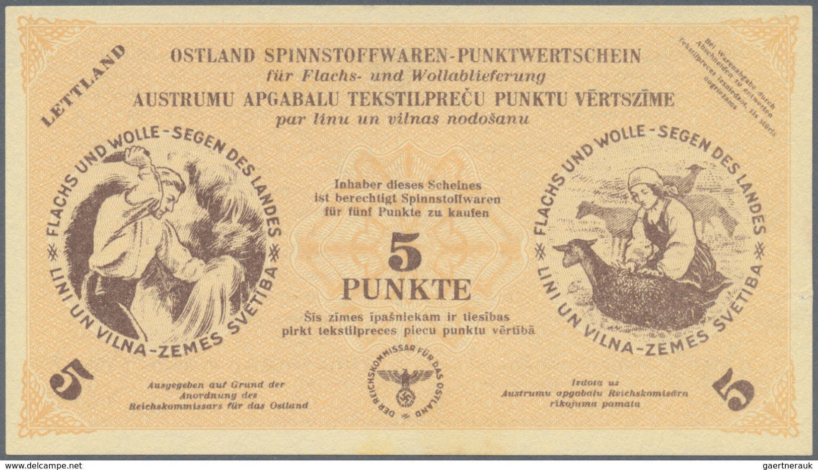 01924 Latvia / Lettland: Ostland Spinnstoffwaren-Punktwertschein 1 And 5 Punkte ND(1939-45), P.NL Without - Letonia