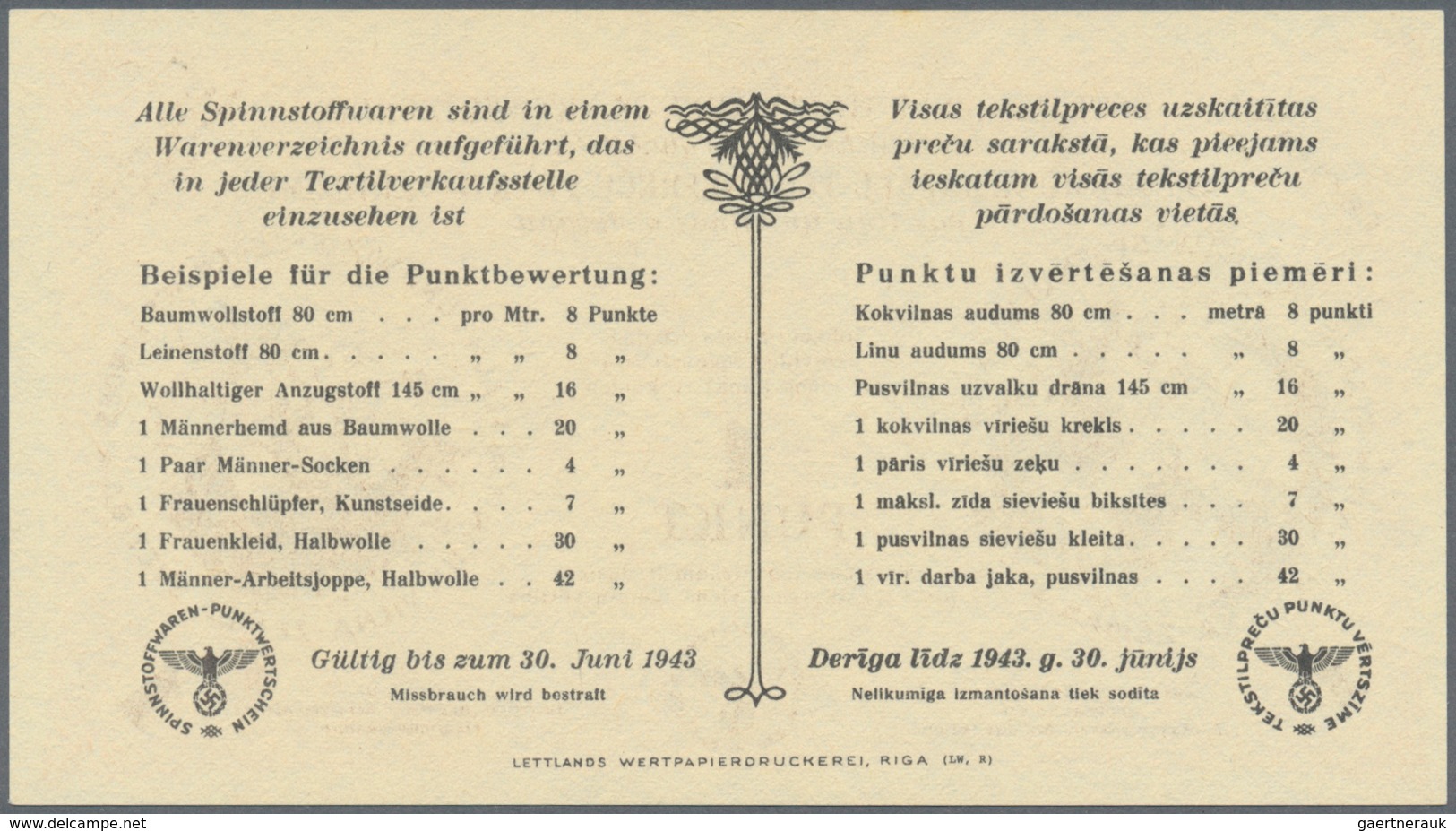 01924 Latvia / Lettland: Ostland Spinnstoffwaren-Punktwertschein 1 And 5 Punkte ND(1939-45), P.NL Without - Letonia
