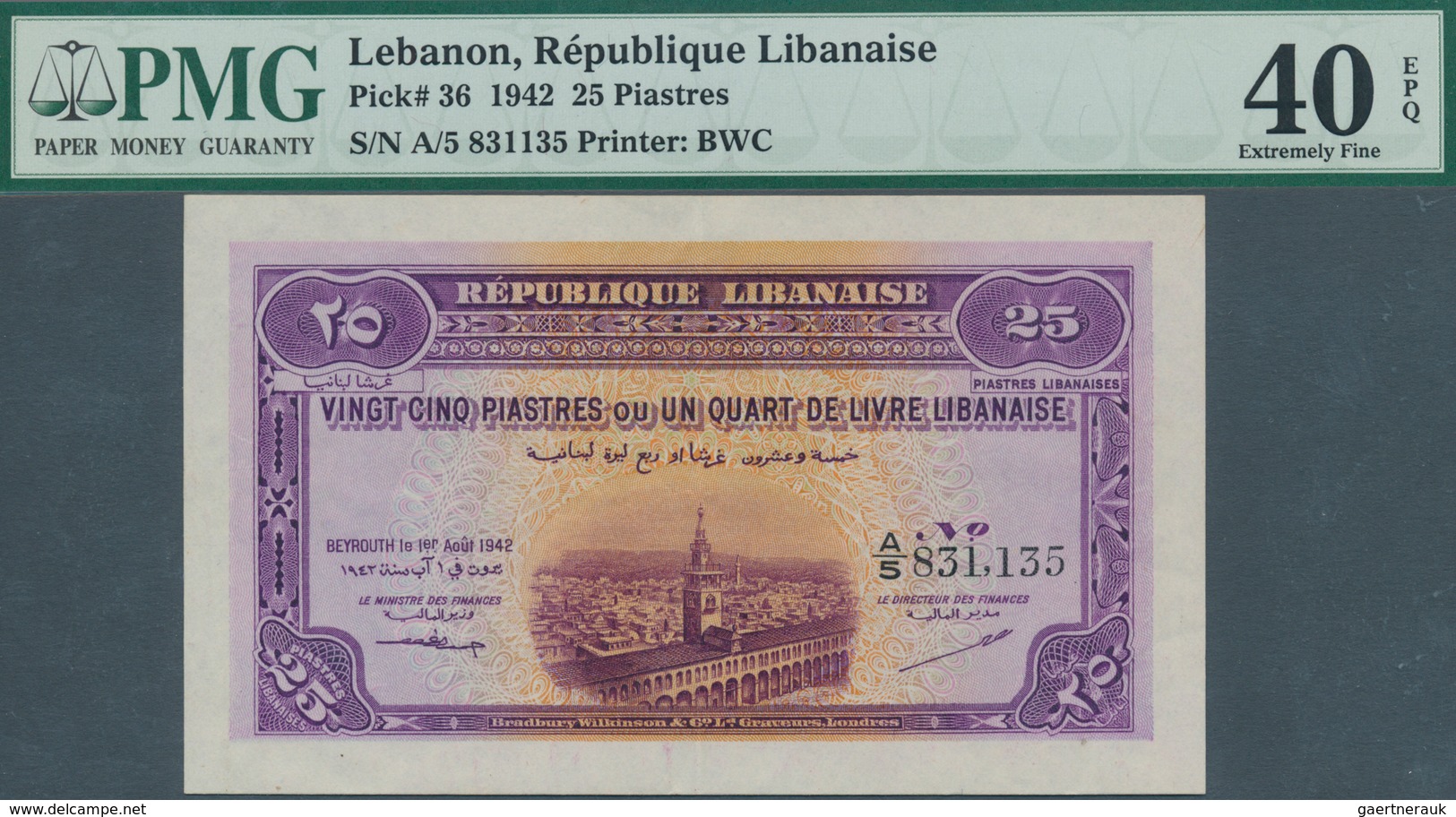 01925 Lebanon / Libanon: 25 Piastres 1942 P. 36, Condition: PMG Graded 40 XF EPQ. - Libano