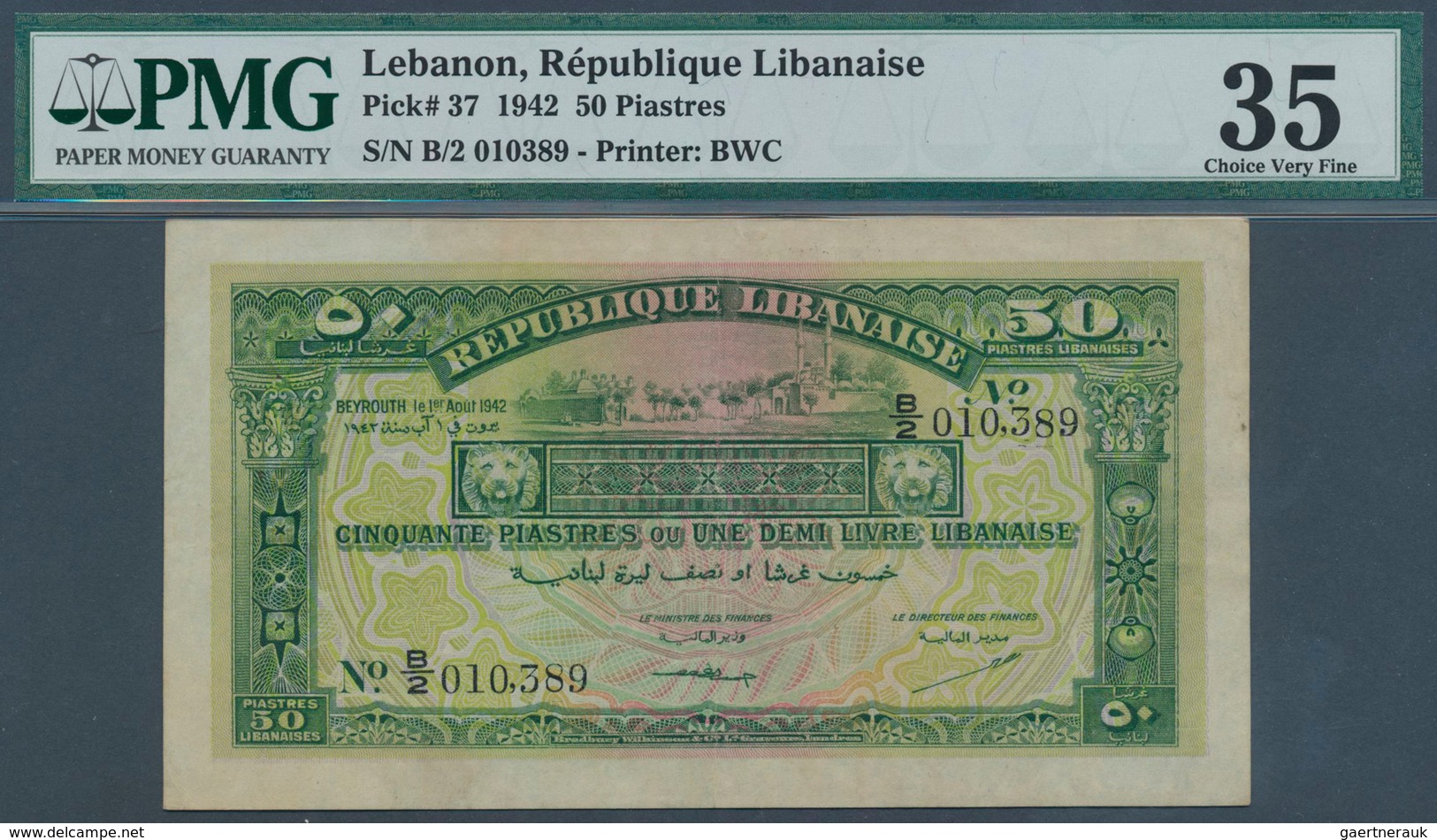 01926 Lebanon / Libanon: 50 Piastres 1942 P. 37 In Condition: PMG Graded 35 Choice VF. - Liban